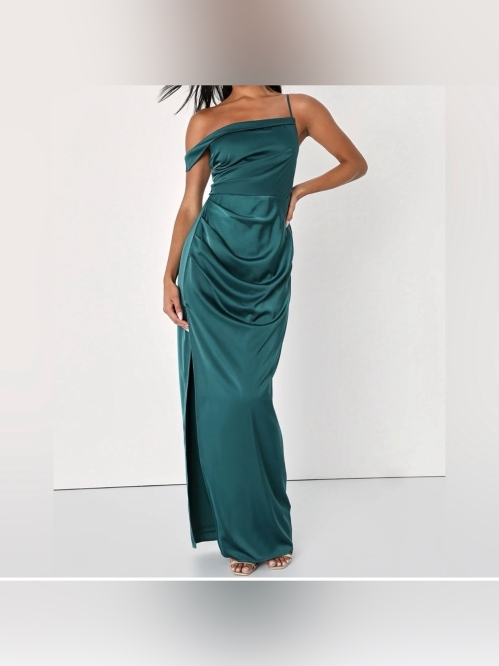 Lulus Lush Love Emerald Satin Asymmetrical Off-the-Shoulder Dress XS NWT